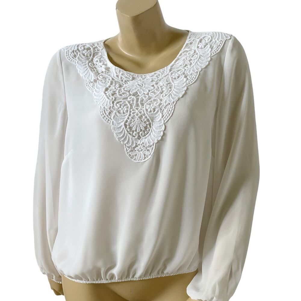 Nanette Lepore Off White Crochet Trim Long Sleeve Boho Blouse Size Large